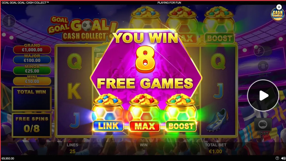 Tampilan visual slot Goal Goal Goal: Cash Collect dengan tema stadion sepak bola