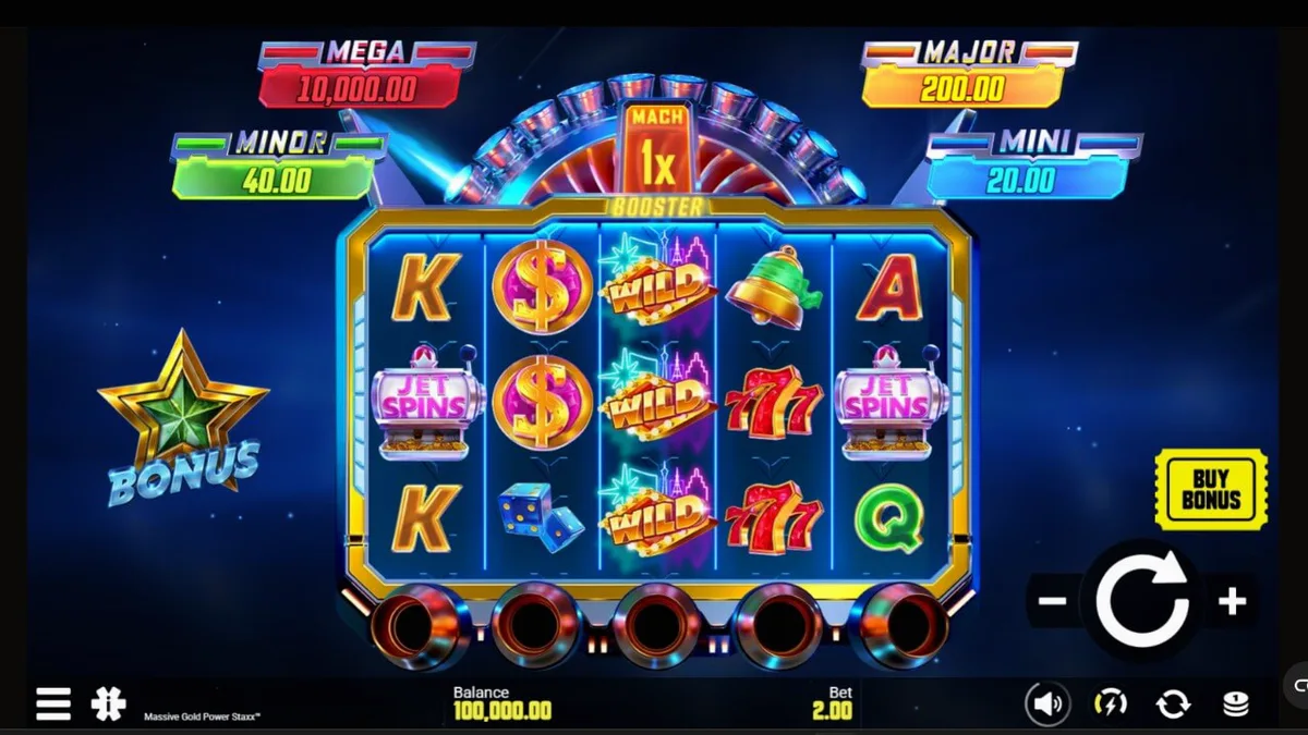 Tampilan visual futuristik slot Massive Gold Power Staxx dengan latar belakang galaksi neon