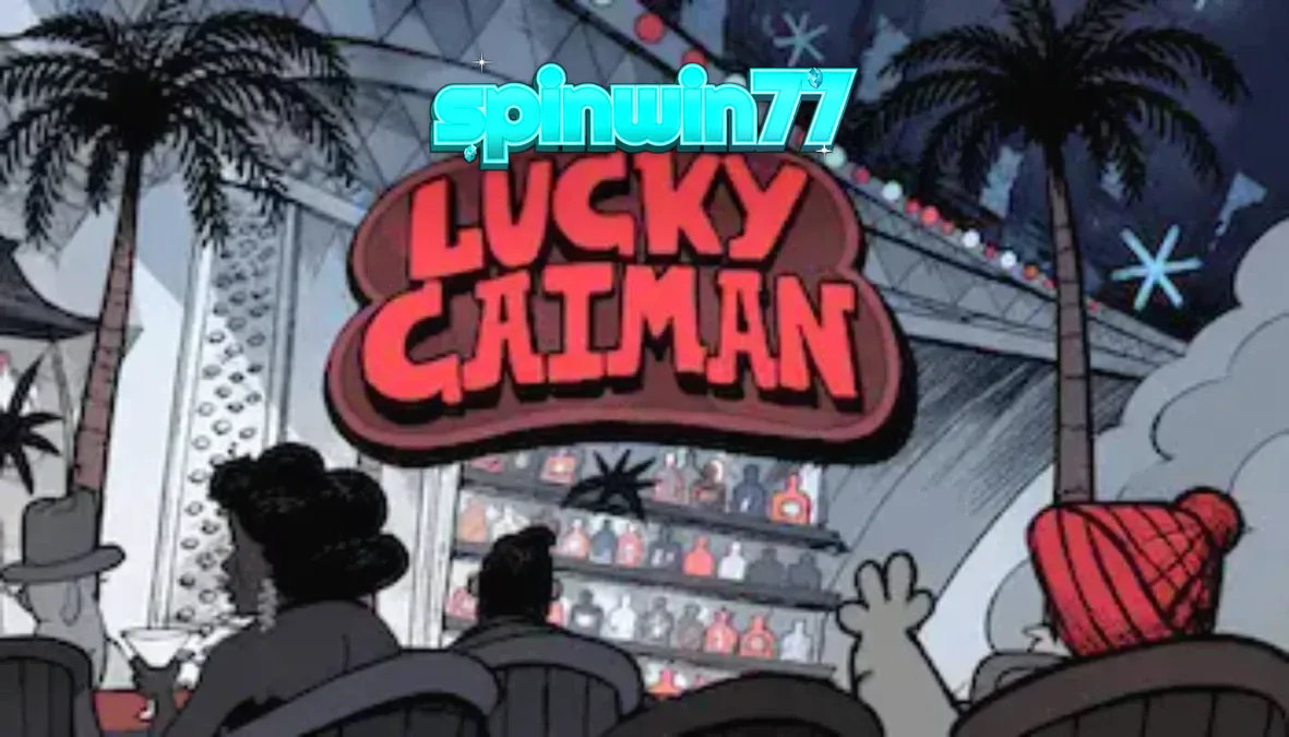 Tampilan visual slot Lucky Caiman dengan tema lounge retro dan karakter buaya.