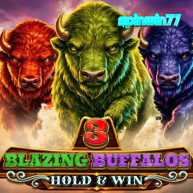 Tampilan visual neon dan simbol kerbau dalam slot 3 Blazing Buffalos: Hold & Win
